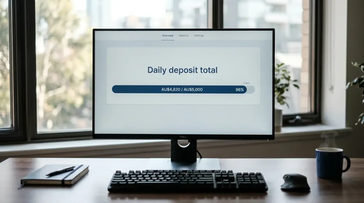 Compliance dashboard on a desktop monitor showing daily Visa deposit totals approaching the AUSTRAC five-thousand-dollar threshold for an Australian wagering account