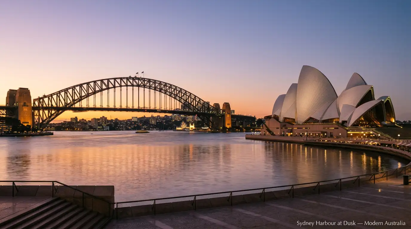 Sydney harbour skyline at dusk illustrating the scale of the Australian online wagering market and the country's record-high gambling losses
