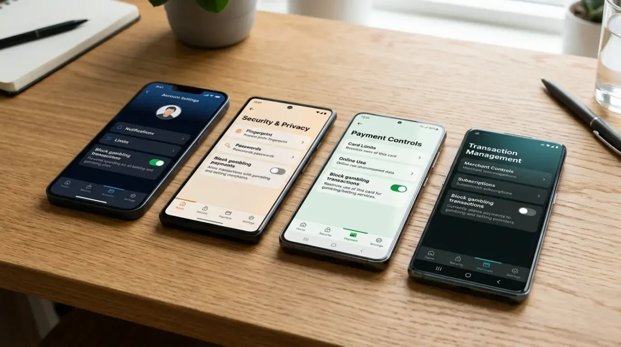 Four smartphone screens lined up showing generic gambling block toggle settings across four different Australian banking apps