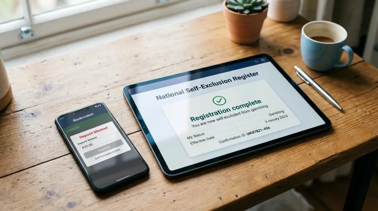 Tablet showing a generic National Self-Exclusion Register registration confirmation alongside a phone displaying a blocked Visa Debit deposit at a bookmaker