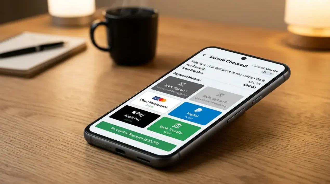 Smartphone showing buy-now-pay-later instalment options greyed out at a generic Australian bookmaker checkout screen on a desk