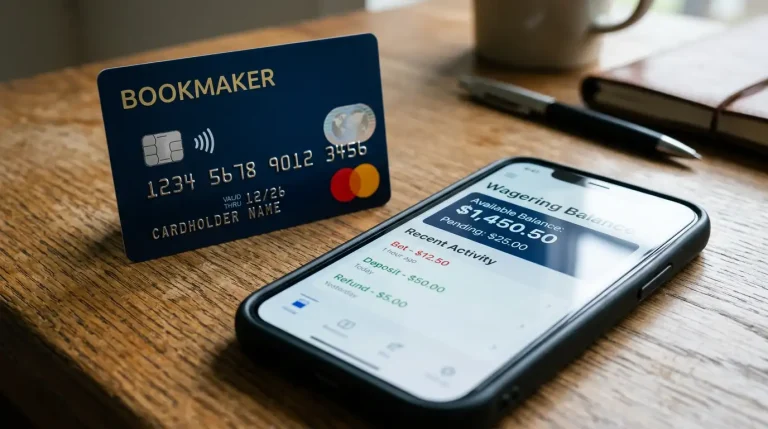 Generic bookmaker-branded prepaid Visa card lying next to a smartphone showing a wagering account balance and recent transactions
