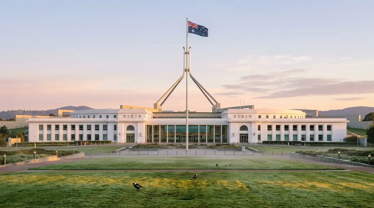 Parliament House in Canberra at dawn, Australian flag flying above the flagpole, soft golden light on the white facade