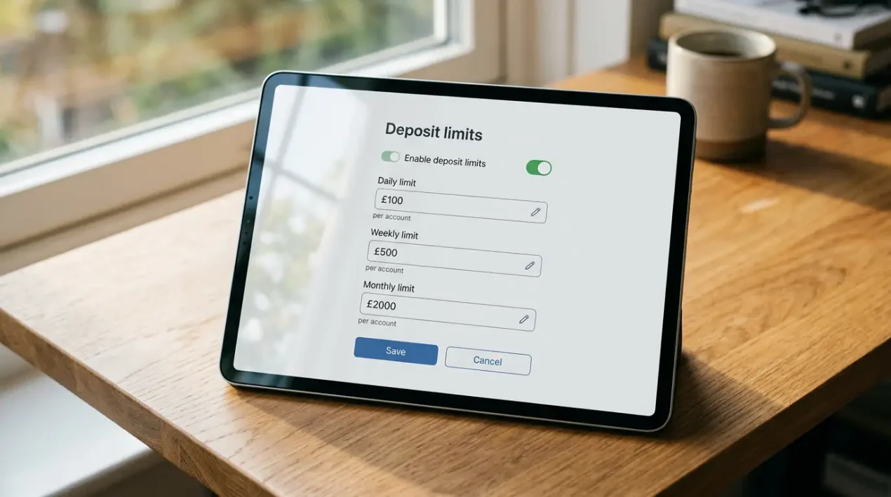 Bookmaker deposit limit settings page on a tablet next to a phone showing a Visa transaction blocked by daily cap