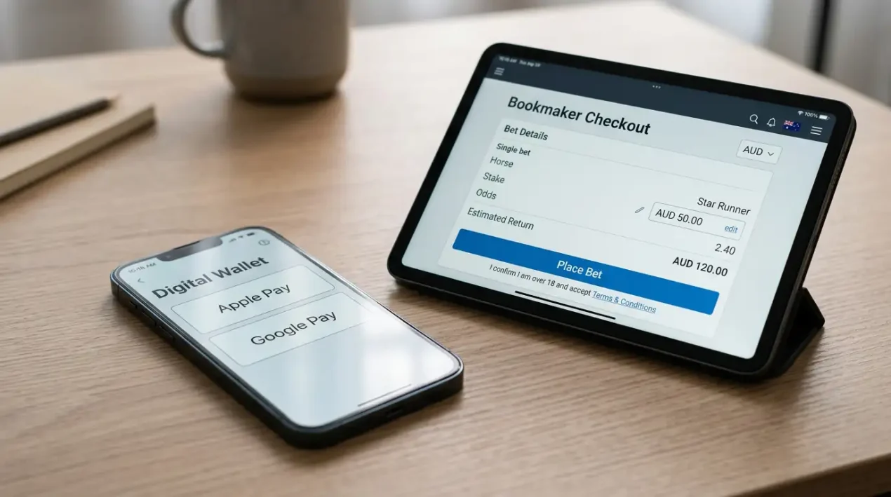 Smartphone showing a digital wallet with Apple Pay and Google Pay tiles next to a generic Australian bookmaker checkout screen on a desk