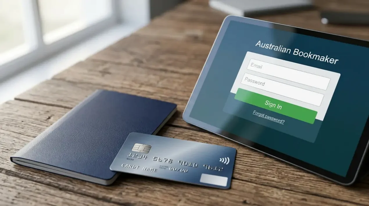 Generic non-Australian Visa card with a foreign passport on a wooden desk next to a tablet showing an Australian bookmaker login screen
