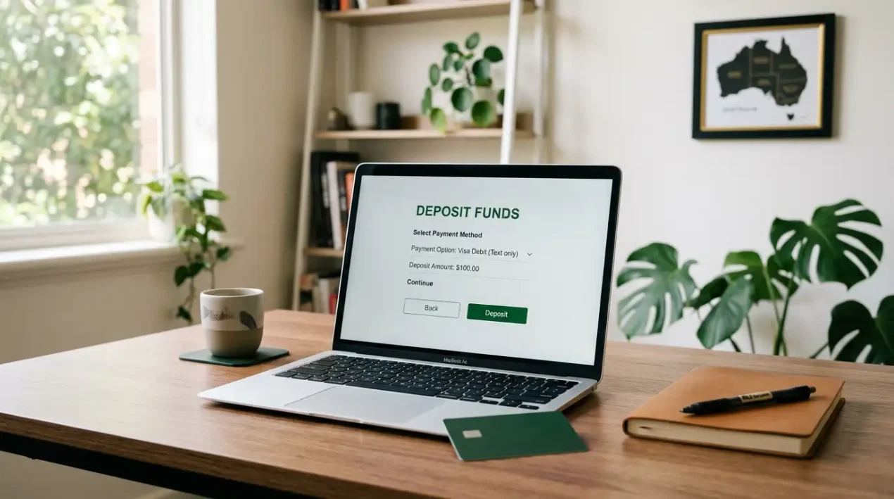 Australian Visa Debit card on a laptop showing a bookmaker cashier screen, illustrating how card-scheme rules govern deposits after the 2024 credit ban