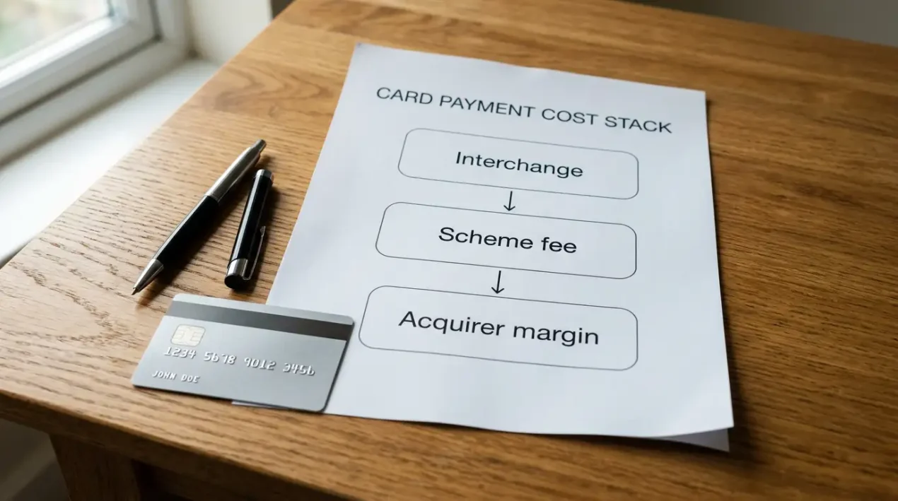 Printed flowchart on a desk showing the cost stack of interchange and scheme fees layered into a Visa betting deposit transaction