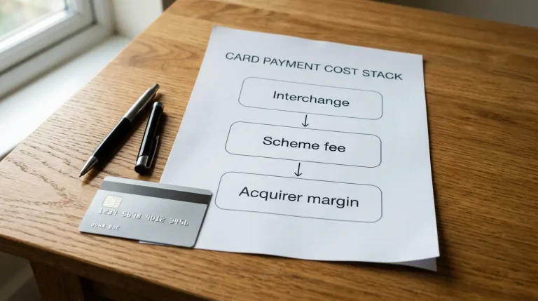 Printed flowchart on a desk showing the cost stack of interchange and scheme fees layered into a Visa betting deposit transaction