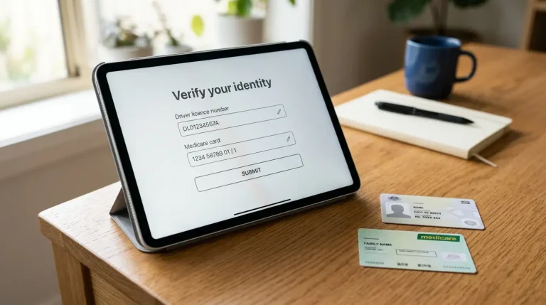 Generic ACIP verification screen on a tablet at an Australian bookmaker requesting driver licence and Medicare details, with the documents on a desk