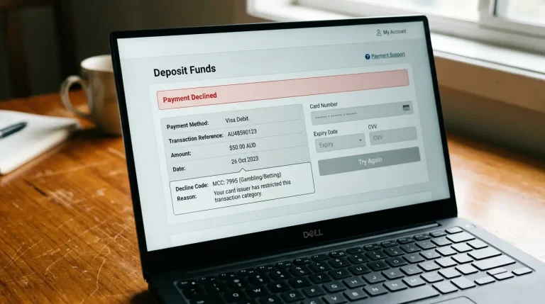 Australian bookmaker checkout screen showing a declined Visa Debit transaction with the merchant category code 7995 highlighted on a laptop