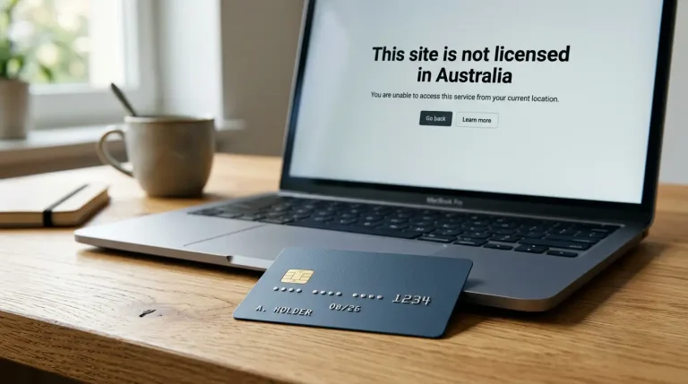 Generic Australian-style Visa card on a desk next to a laptop showing a warning screen about an offshore gambling site