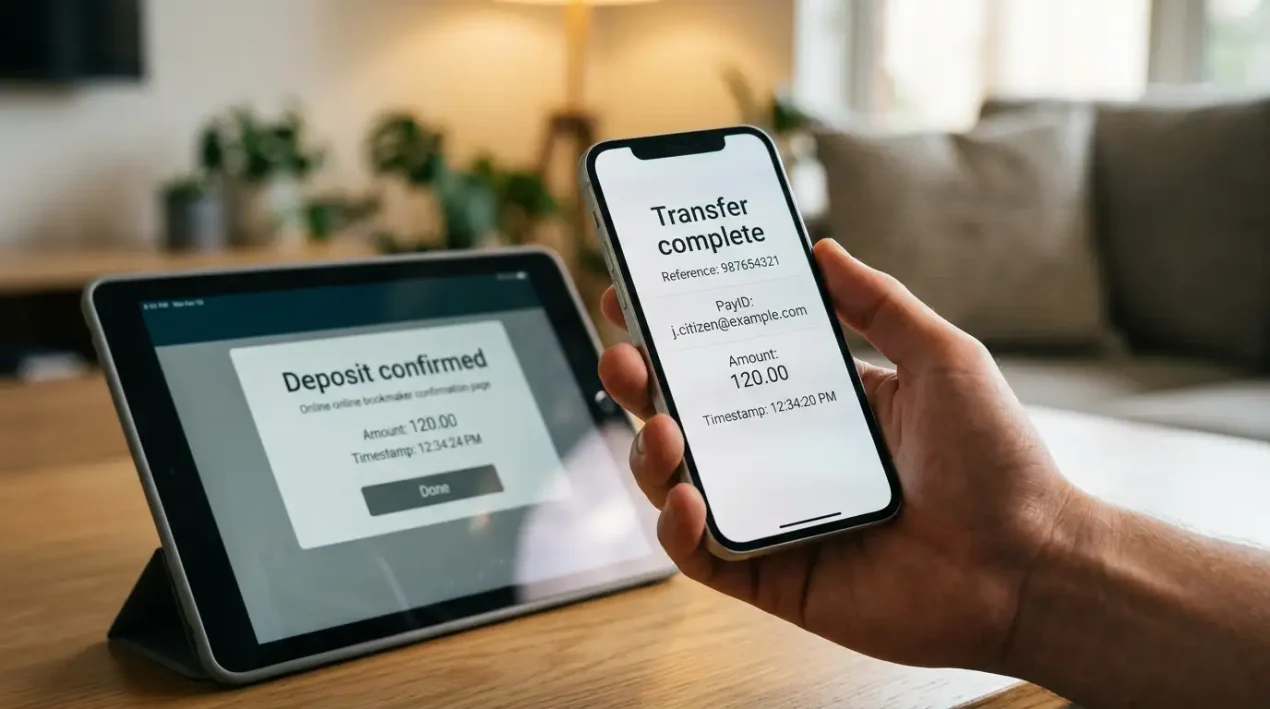 Smartphone showing an Australian banking app PayID transfer confirmation next to a bookmaker deposit confirmation timestamped within seconds