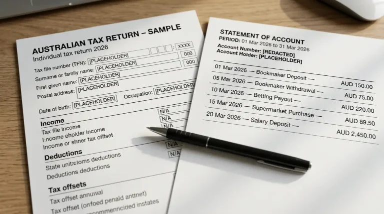 Printed Australian tax return form next to a Visa transaction history printout showing bookmaker deposits and withdrawals