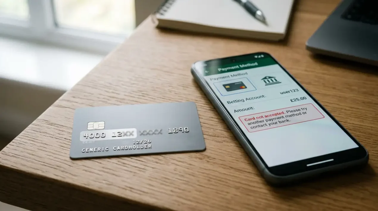 Close-up of a generic Visa card showing the first six digits highlighted alongside a bookmaker payment screen flagging the BIN as ineligible