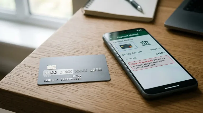 Close-up of a generic Visa card showing the first six digits highlighted alongside a bookmaker payment screen flagging the BIN as ineligible