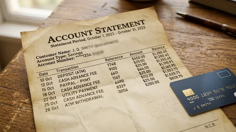 Older paper credit card statement showing cash advance fee lines next to a generic Visa card on a wooden desk