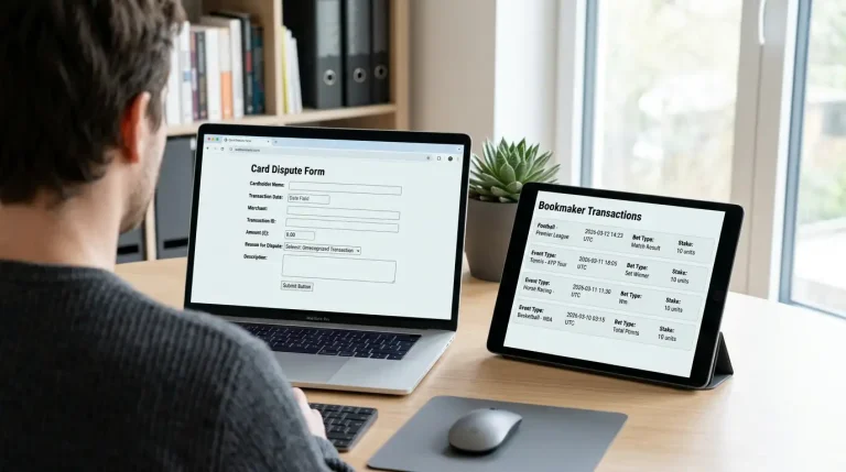 Australian bettor at a desk reviewing a Visa dispute form on a laptop with a bookmaker transaction history open on a separate tablet