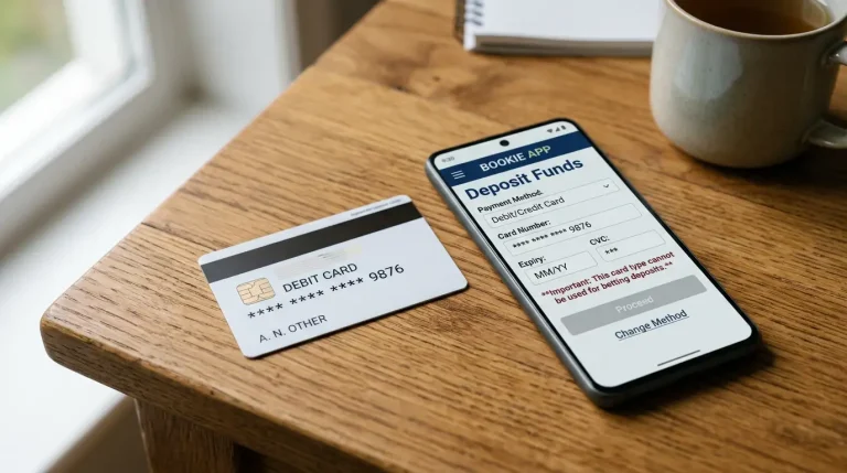 Generic crypto-funded Visa Debit card on a wooden desk next to a smartphone showing a refused bookmaker deposit screen