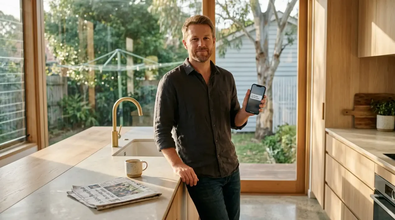 Australian punter at a kitchen bench in afternoon light, calmly holding a smartphone, suburban Sydney home interior