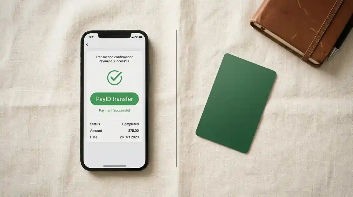 Smartphone showing a banking application with PayID transfer next to a Visa Debit card, illustrating the two main betting deposit rails in Australia