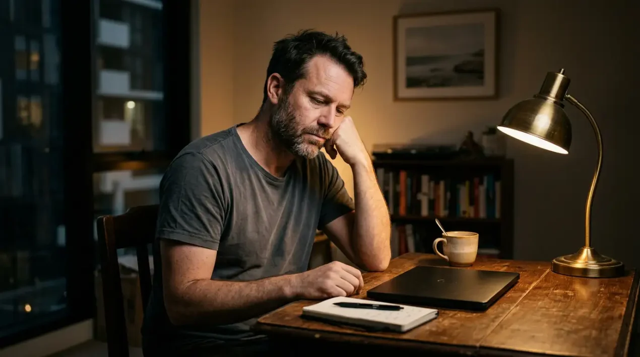 Australian punter at a wooden home office desk in late evening lamplight, head resting on hand, looking thoughtful and a little frustrated