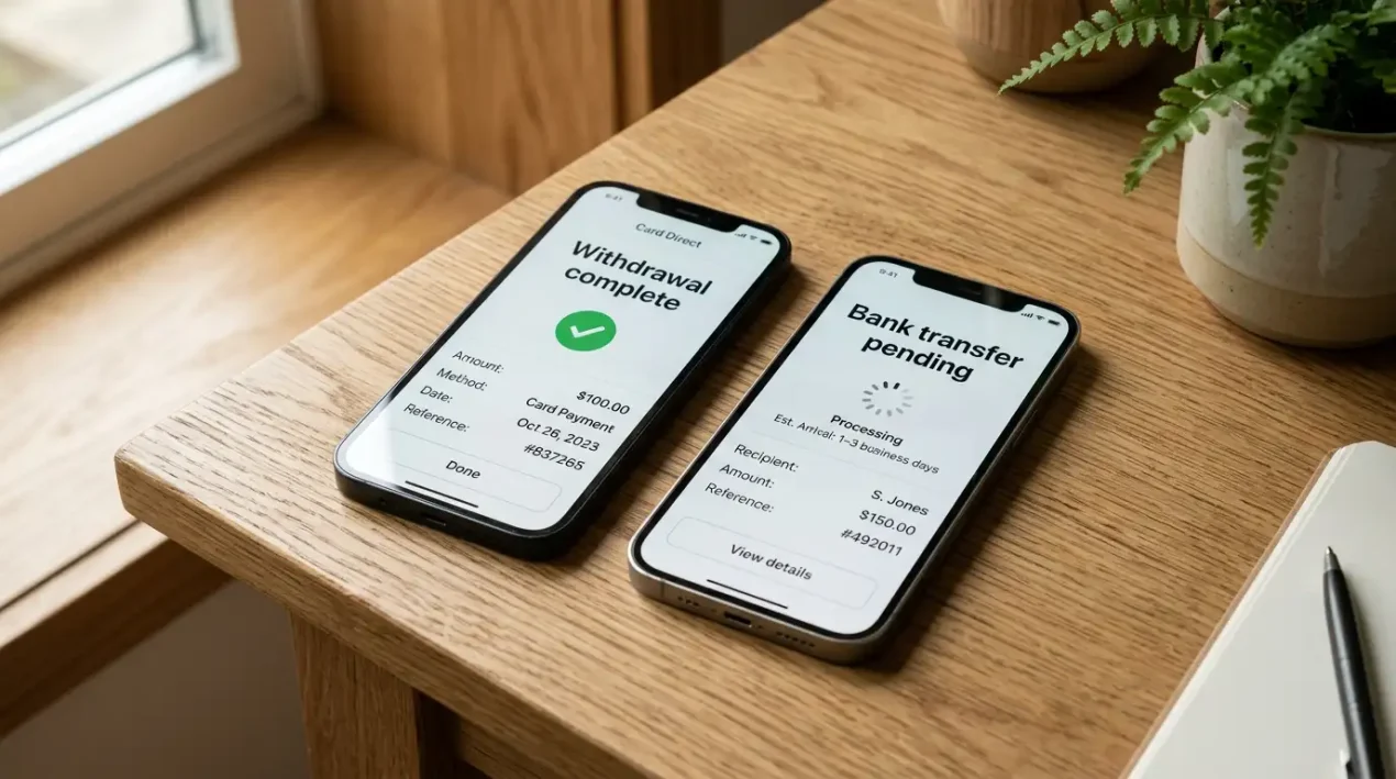 Two phones side by side: one showing a Visa Direct push-to-card withdrawal completing within minutes and the other showing a bank transfer pending screen