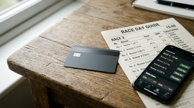 Generic Visa card on a wooden desk next to a printed horse racing form guide and a smartphone showing a bookmaker app