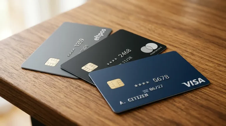 Three generic Australian bank cards arranged on a wooden desk showing Visa, Mastercard and eftpos network logos