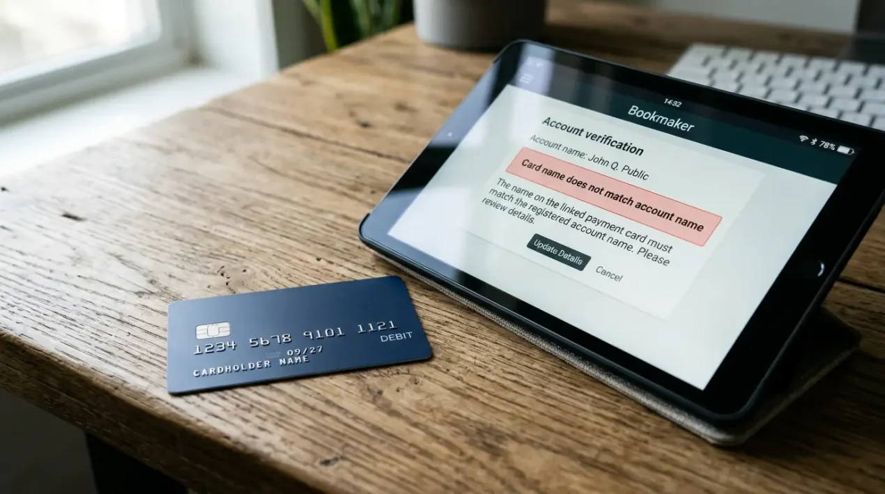 Generic Visa card on a desk next to a tablet showing a bookmaker verification screen with a name mismatch warning