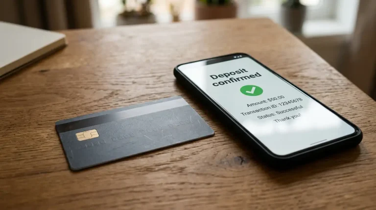 Generic Australian prepaid Visa card placed beside a smartphone showing a wagering deposit confirmation screen on a wooden desk
