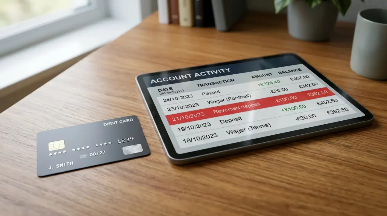 Generic Visa card on a desk next to a tablet showing a bookmaker dashboard with a reversed deposit transaction line highlighted