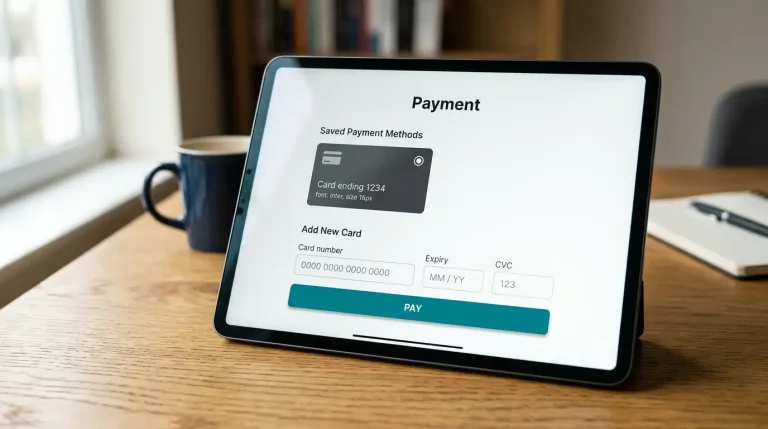 Bookmaker payment screen on a tablet showing a saved Visa card option next to a one-time card entry field