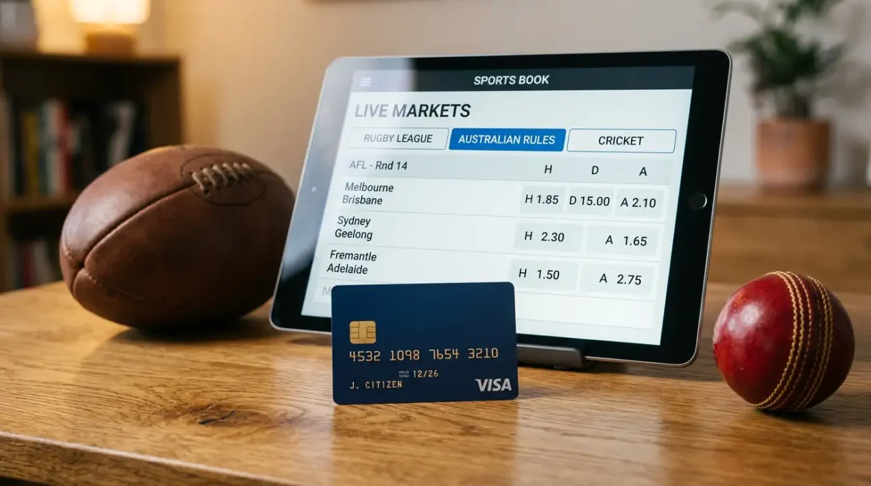 Generic Visa card on a wooden desk in front of a tablet showing sports betting markets for rugby league, Australian rules football and cricket