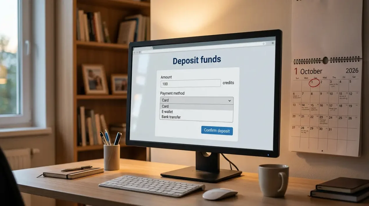 Generic bookmaker deposit screen showing a Visa surcharge line alongside a wall calendar with October 2026 highlighted