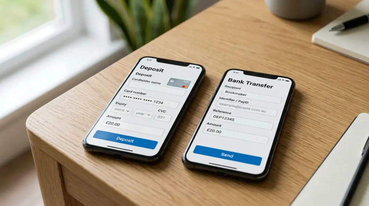 Two smartphone screens side by side comparing a Visa Debit deposit form and a PayID transfer form at an Australian bookmaker