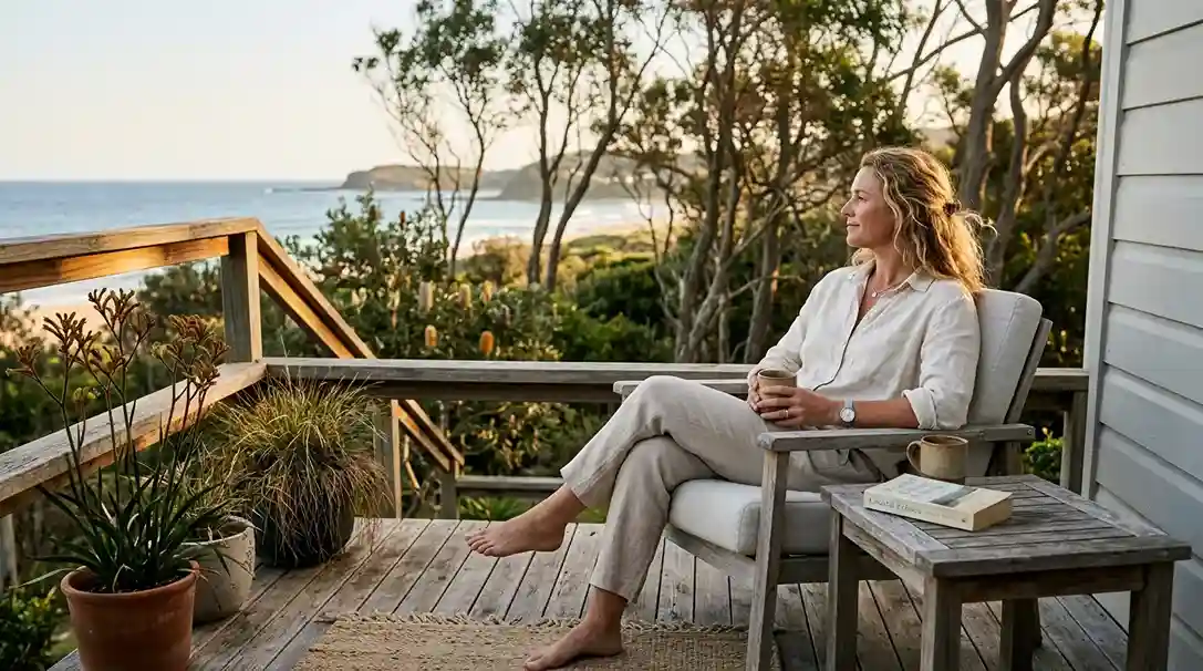 Australian punter on a sunlit back deck overlooking a coastal town, leaning back with a relaxed smile after a successful day