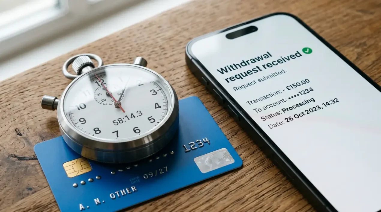 Analogue stopwatch on a wooden desk over a generic Visa card next to a phone showing a bookmaker withdrawal confirmation screen
